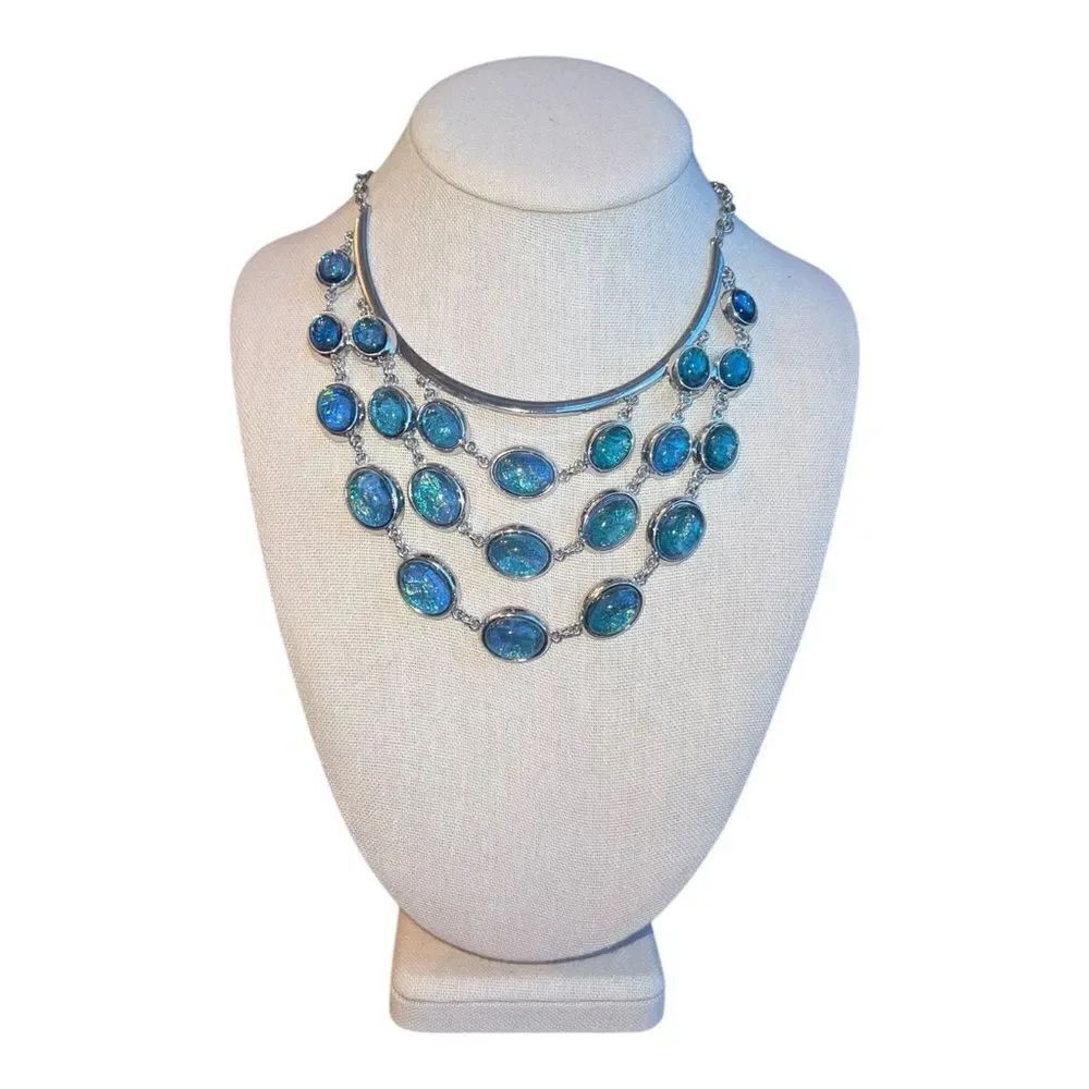 Christopher & Banks SilverTone Link Faux Blue Fire Opal Drape Statement Necklace